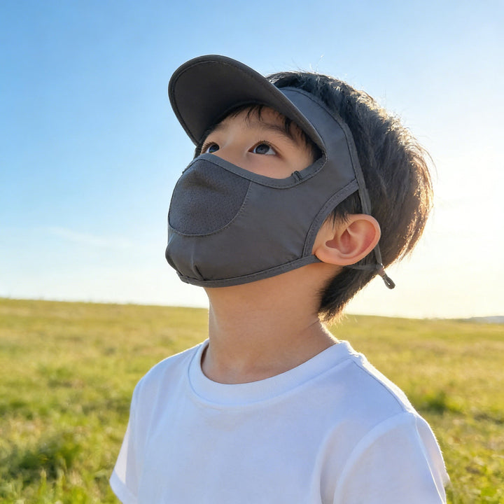 Unisex nan Kinder-Sonnenvisier mit integrierter atmungsaktiver Gesichtsmaske, verstellbarem Nackengurt und perforierter Kinnpartie  Drune