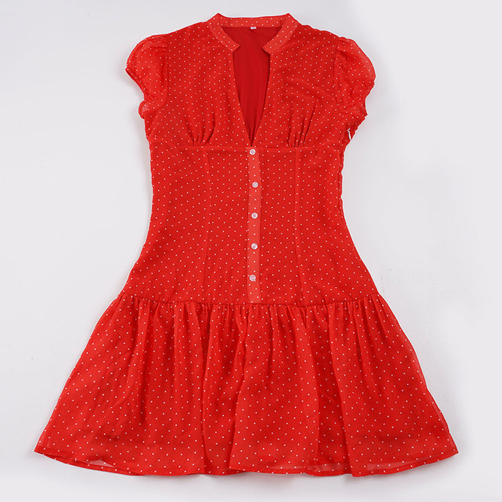 Damen Kurzarm-Kleid mit fröhlichem Punkten-Design und elegantem V-Ausschnitt Drune