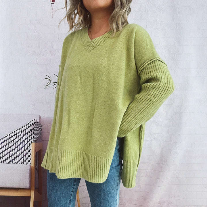 Damen lässiger V-Ausschnitt Pullover mit stylishen Rippdetails Drune