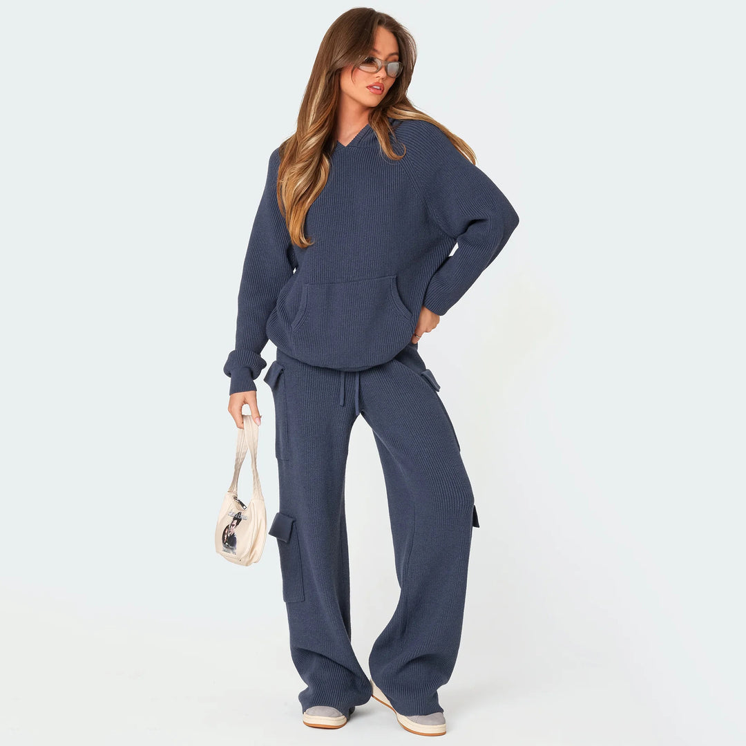 Damen Gemütlicher Strickpullover mit Kapuze und Kängurutasche Drune