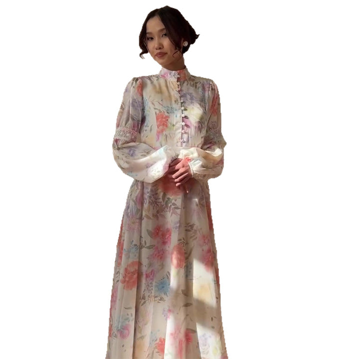 Damen Maxikleid mit feinem Blumenmuster und eleganten Puffärmeln Drune
