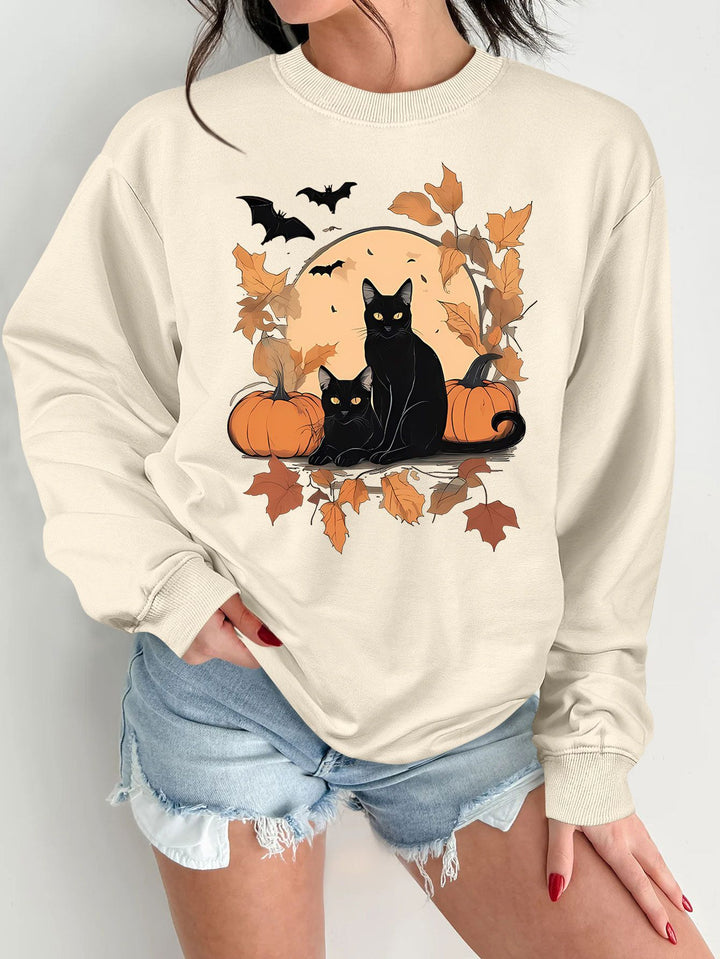 Damen Sweatshirt mit herbstlichem Katzen- und Kürbisdesign Drune