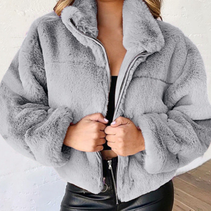 Damen nan kurze kuschelige Kunstpelzjacke mit Stehkragen und Reißverschluss Drune
