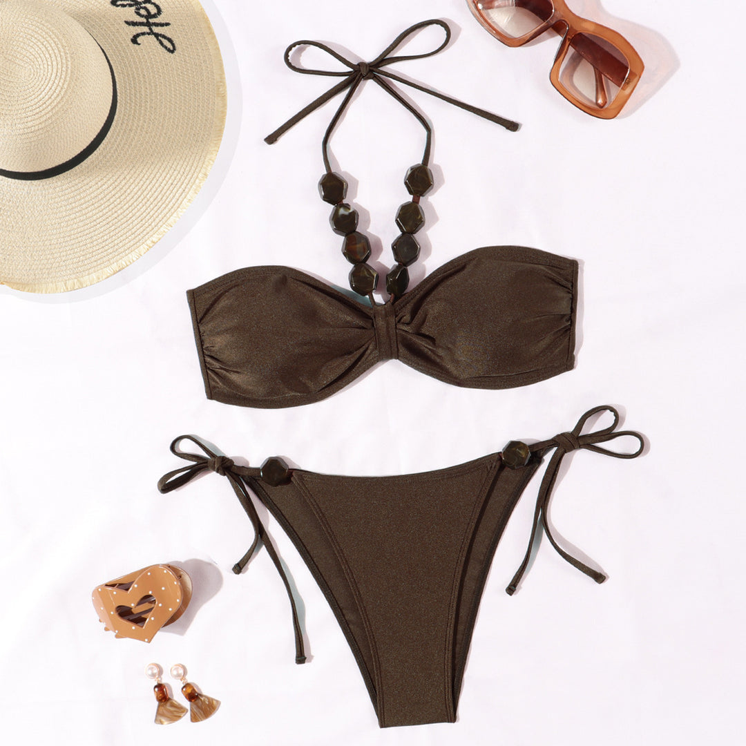 Damen Eleganter Bandeau-Bikini mit dekorativen Perlen Drune