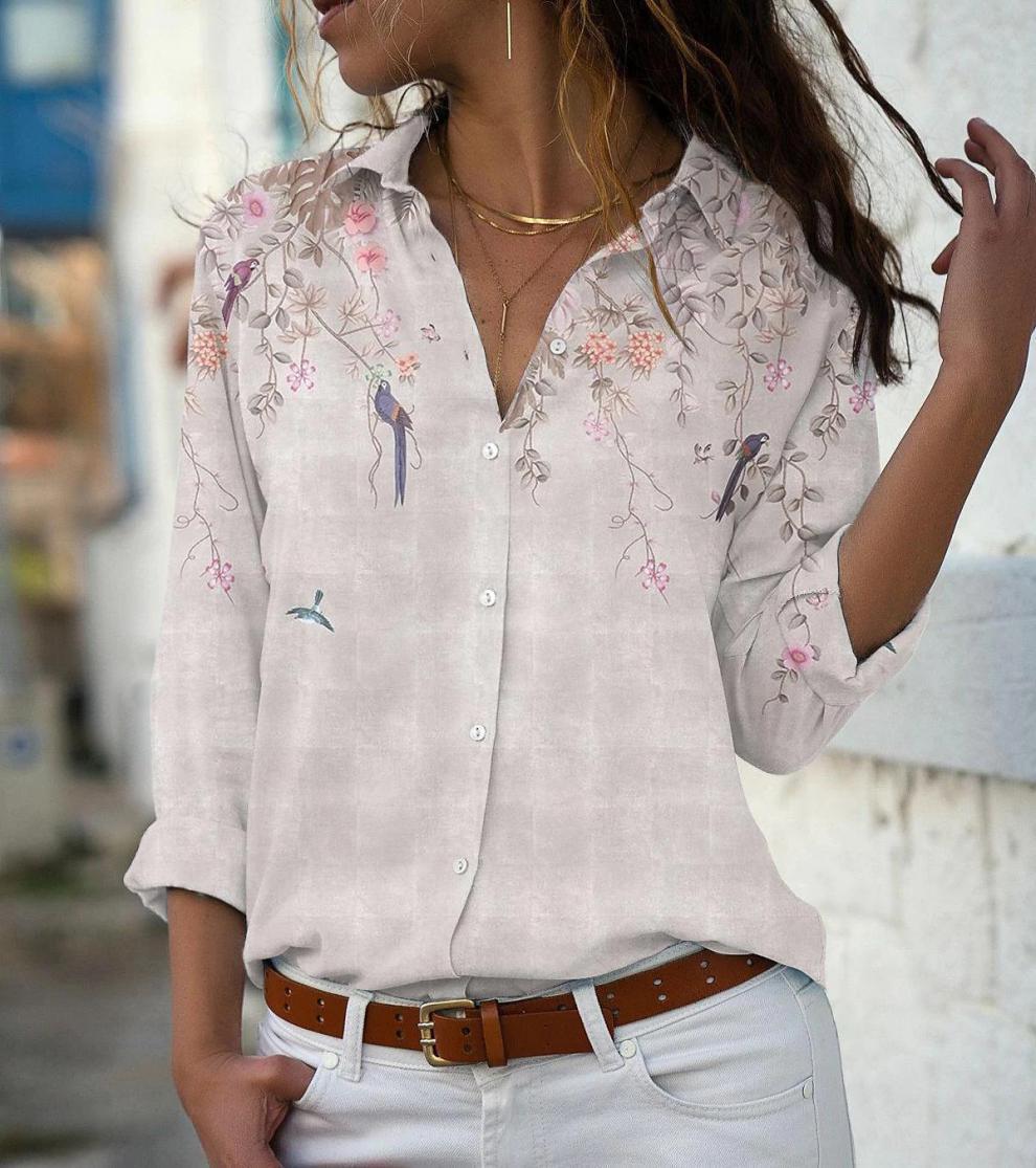 Damen nan leichte Chiffonbluse mit floralem Vogelprint, Knopfleiste und lässigem Schnitt Drune