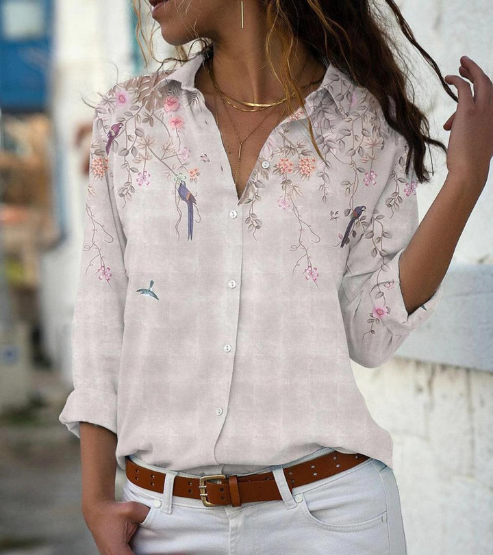 Damen nan leichte Chiffonbluse mit floralem Vogelprint, Knopfleiste und lässigem Schnitt Drune