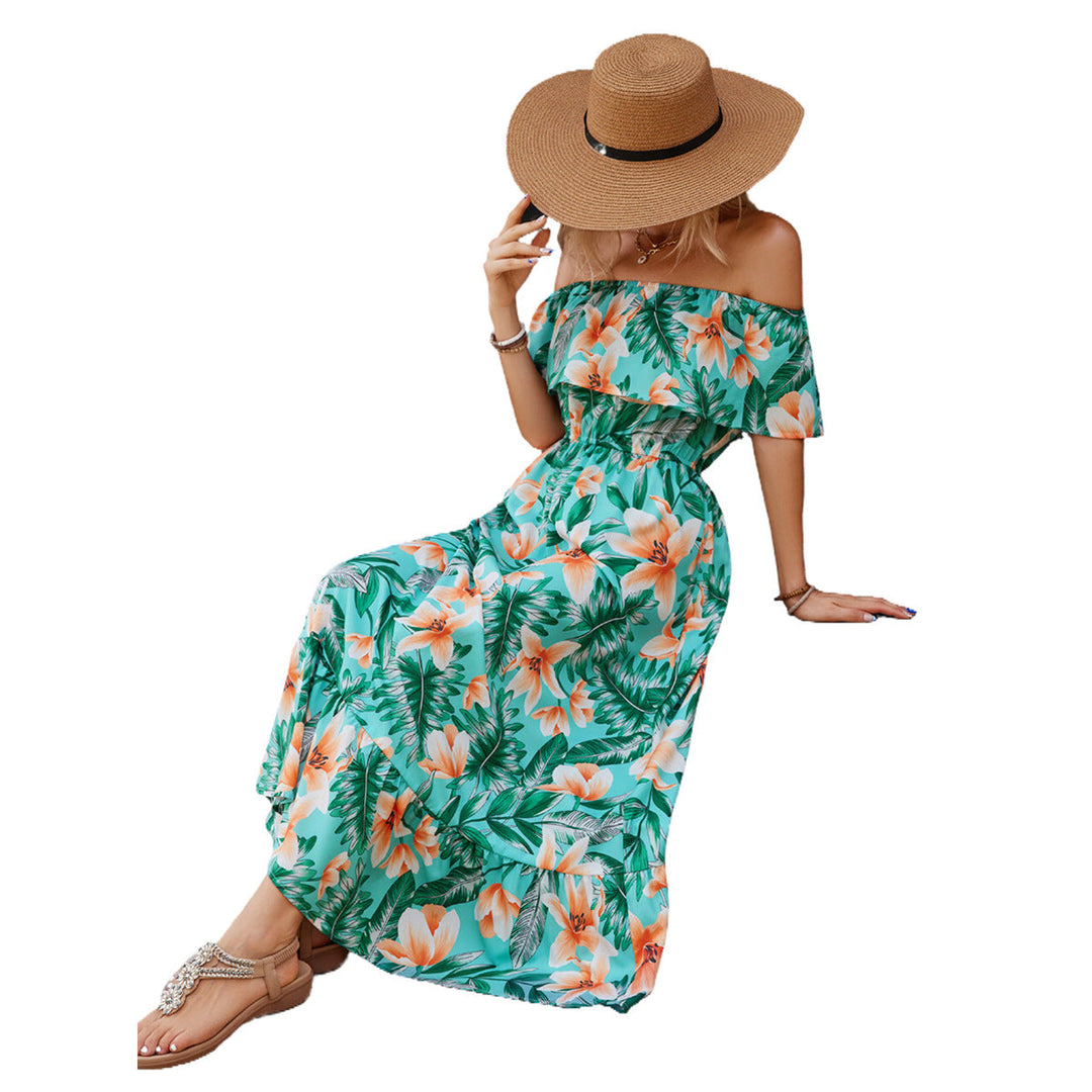 Damen Off-Shoulder Maxikleid mit floralem Design und elastischem Taillenbund Drune