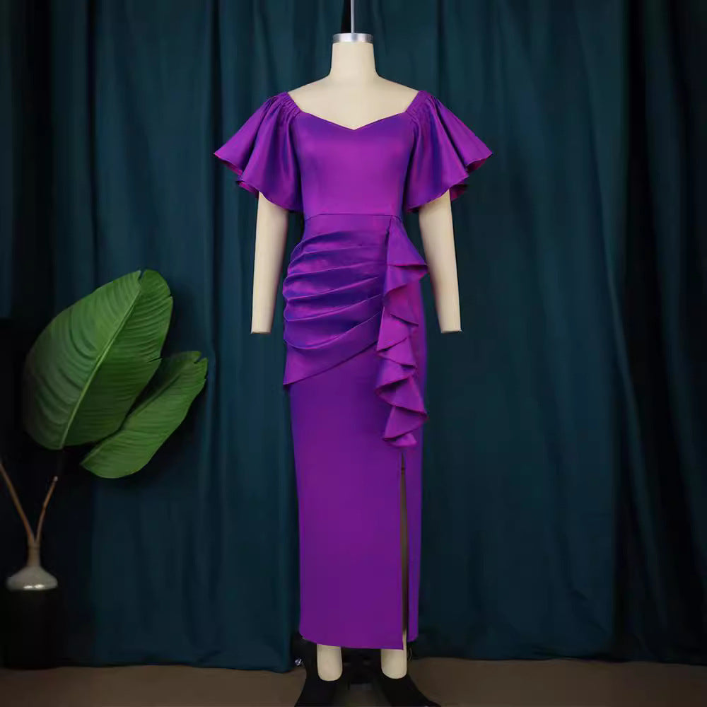 Damen Elegantes Maxikleid mit voluminösen Ärmeln und asymmetrischem Rüschen-Design Drune