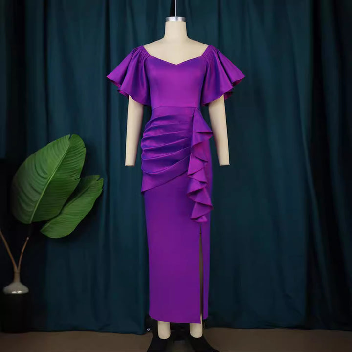 Damen Elegantes Maxikleid mit voluminösen Ärmeln und asymmetrischem Rüschen-Design Drune