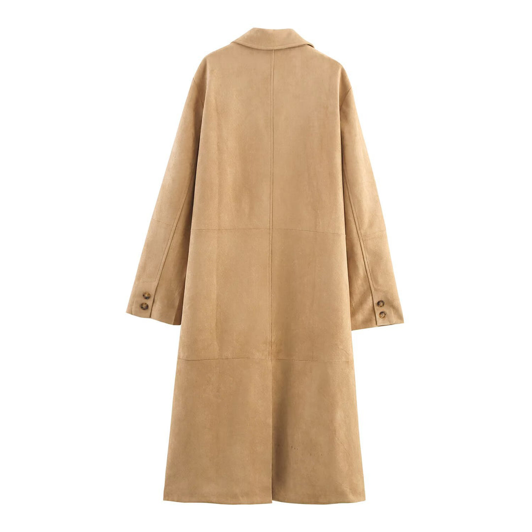 Damen Langjacke aus weichem Wildlederimitat mit elegantem Kragen und praktischen Taschen Drune