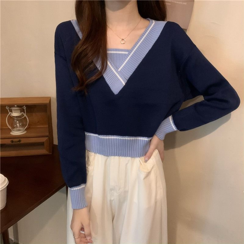 Damen modischer V-Ausschnitt Pullover mit Kontrastdetails Drune
