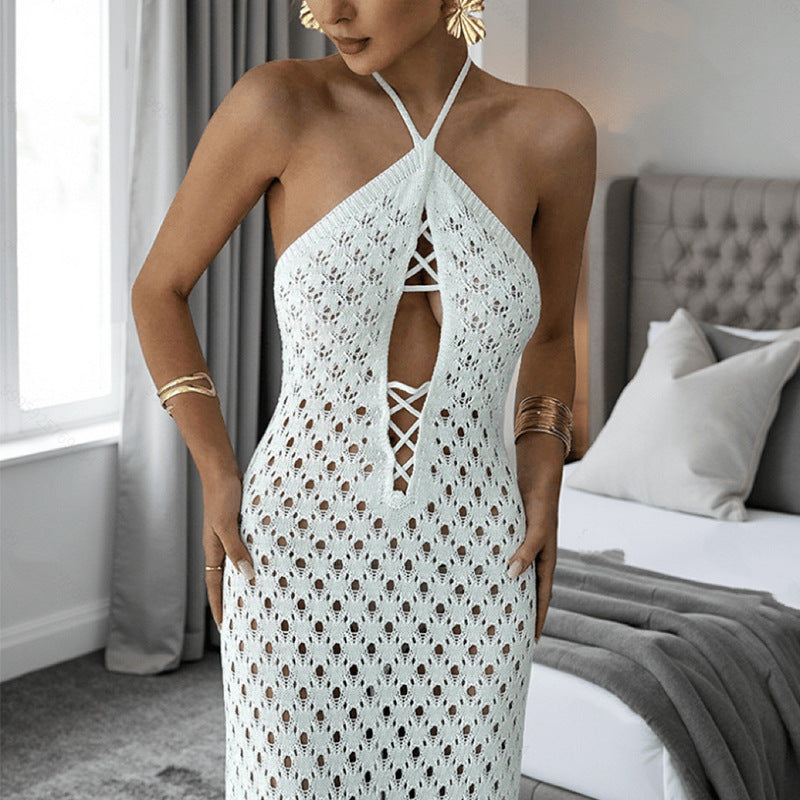 Damen Häkel-Maxi-Kleid mit innovativem Ausschnitt und seitlichen Cut-Outs Drune