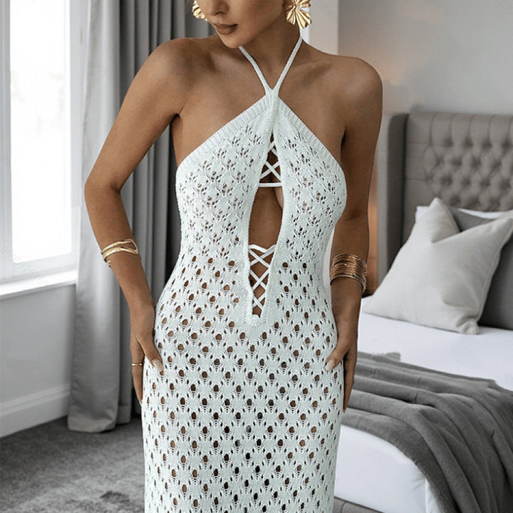 Damen Häkel-Maxi-Kleid mit innovativem Ausschnitt und seitlichen Cut-Outs Drune