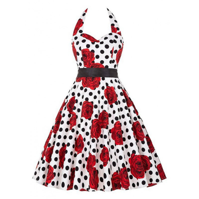 Damen Retro Swingkleid mit floralem Muster und Polka-Dots Drune