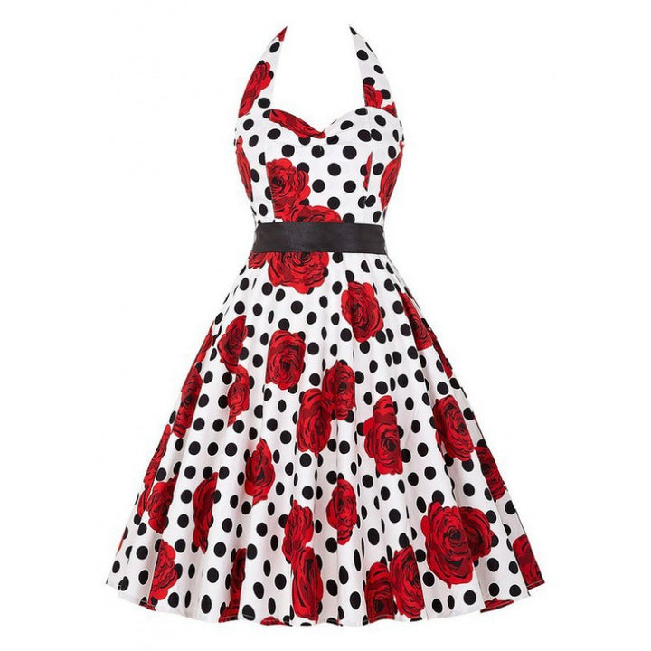 Damen Retro Swingkleid mit floralem Muster und Polka-Dots Drune