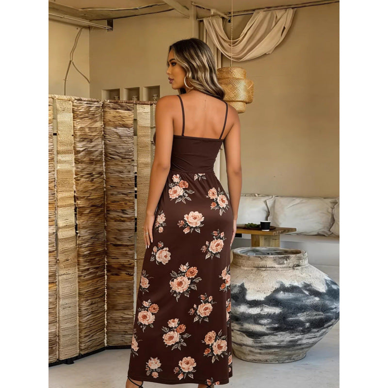 Damen Maxi-Kleid mit modischem Blumenmuster und schmalen Spaghettiträgern Drune