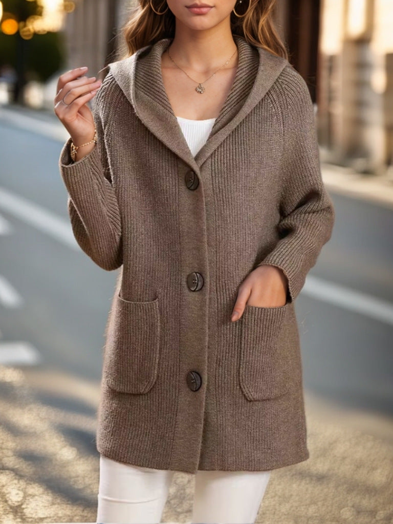 Damen nan lange gerippte Kapuzen-Strickjacke mit aufgesetzten Taschen und markanten Knöpfen Drune