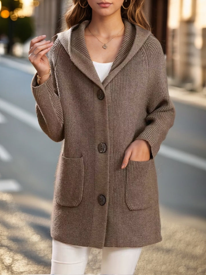 Damen nan lange gerippte Kapuzen-Strickjacke mit aufgesetzten Taschen und markanten Knöpfen Drune