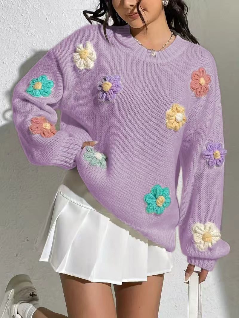 Damen blumengestickter Oversized-Pullover Drune