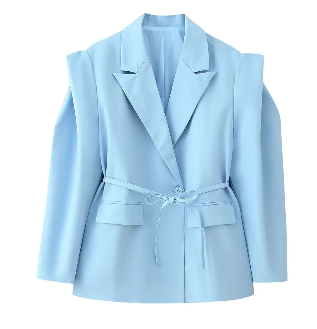 Damen nan taillierter Blazer mit Bindegürtel, Reverskragen und Schulterpolstern Drune