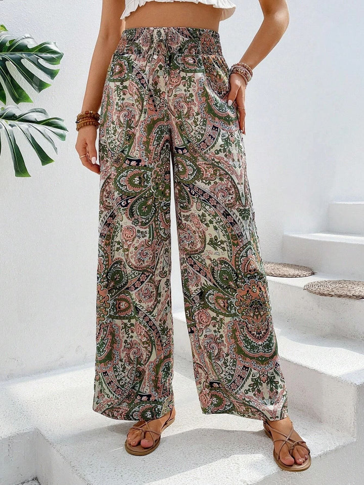 Damen weite Palazzo-Hose mit elastischem Bund und elegantem Paisleymuster Drune