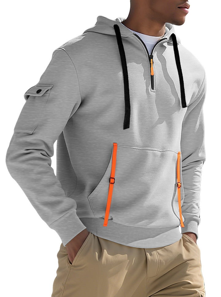Herren nan urbaner Tech-Kapuzen-Halbzippullover mit Utility-Ärmeltasche, Kängurutasche und verstellbaren Zipper-Bändern Drune