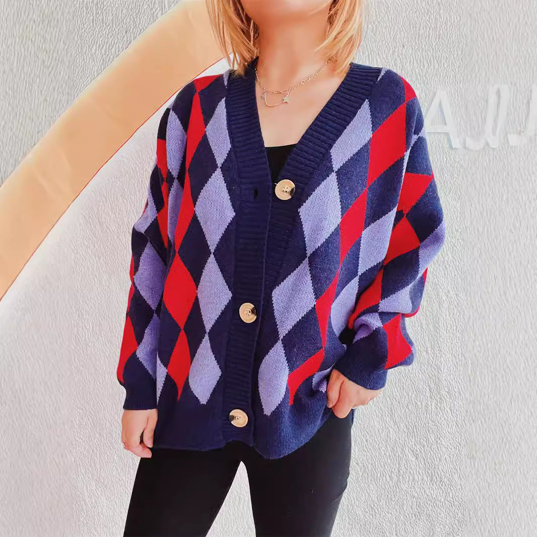 Damen Gemusterte Strickjacke im modernen Rautendesign mit großen Knöpfen Drune