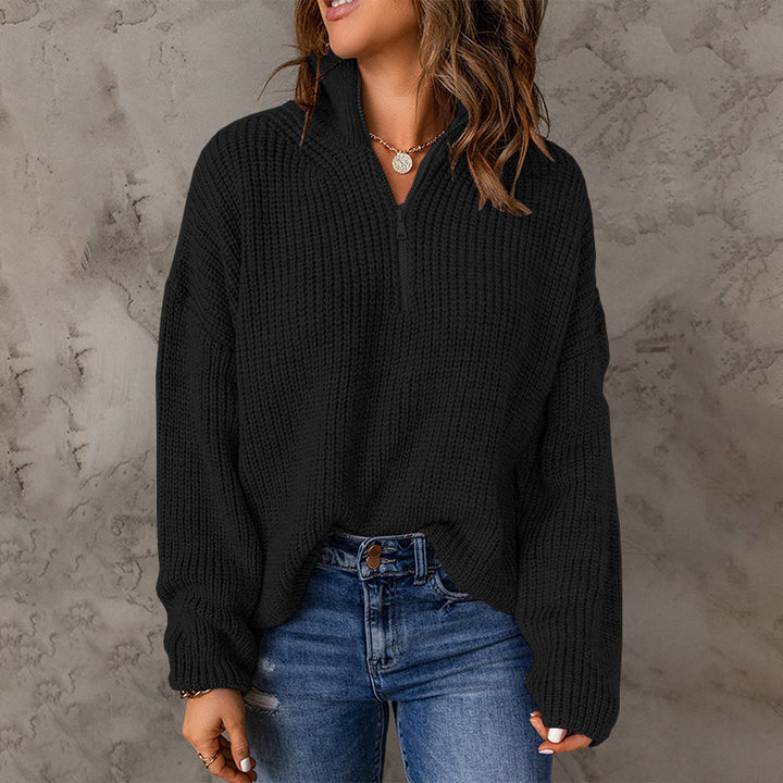 Damen gemütlicher Pullover mit hohem Kragen und Zip-Detail Drune