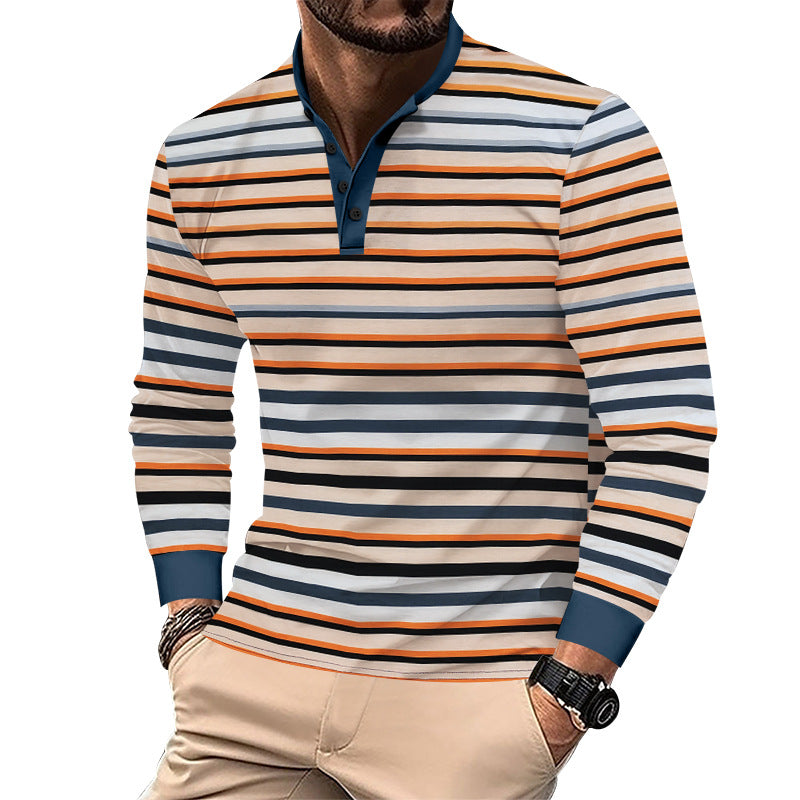 Herren nan gestreiftes Henley-Langarmshirt mit Stehkragen und feiner Baumwollmischung Drune