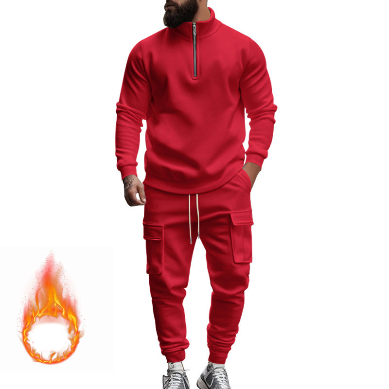 Herren nan sportives Cargo-Joggingset mit Halbzip-Stehkragen, wärmendem Fleece-Innenfutter und großzügigen Klapptaschen Drune