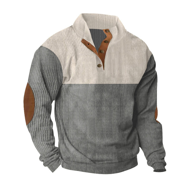 Herren nan lässiger Strickpullover mit Knopfleiste, Stehkragen und Ellenbogenpatches Drune
