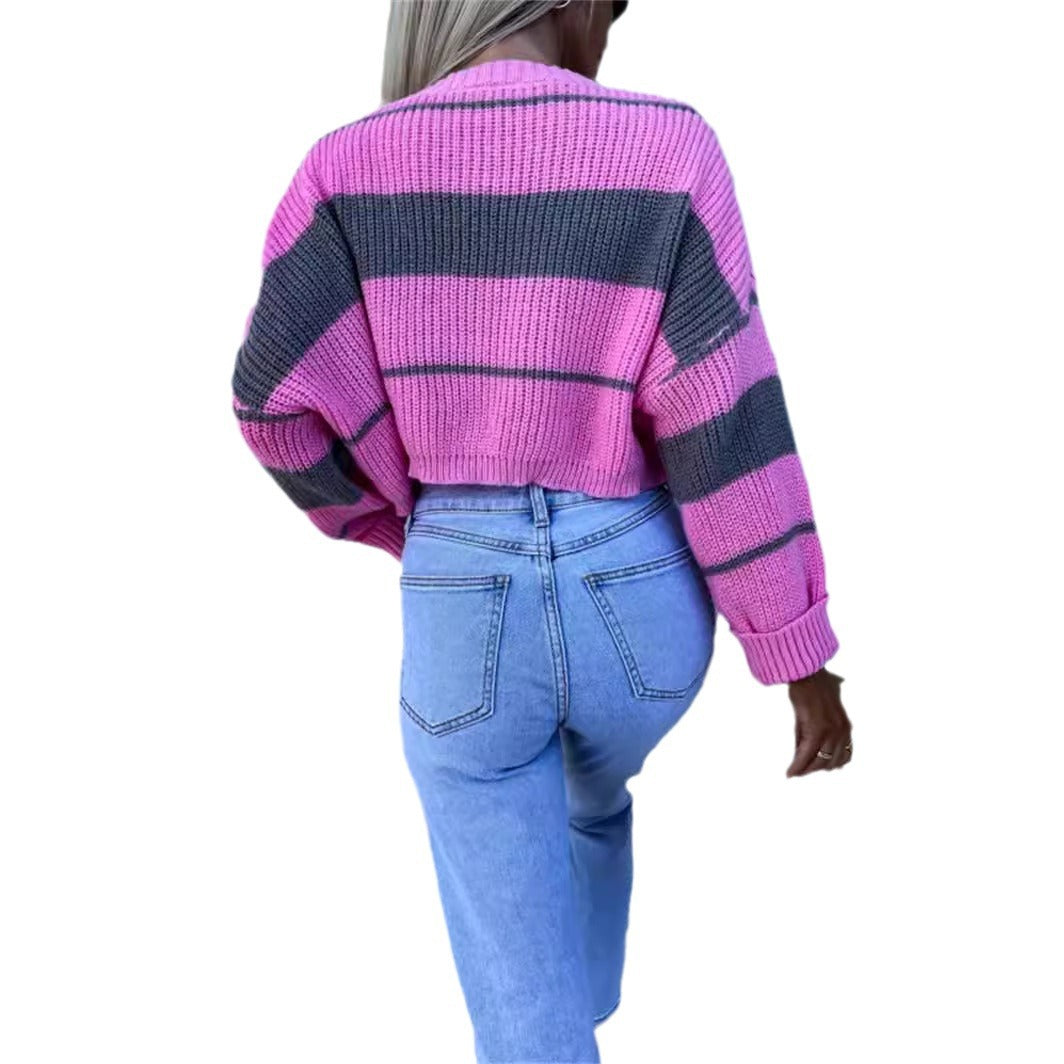 Damen Cropped Strickpullover mit modischen Streifen Drune