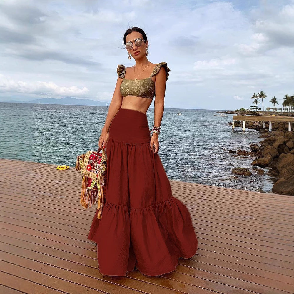 Damen Crop-Top und Rock Set mit Rüschen und floralem Muster Drune