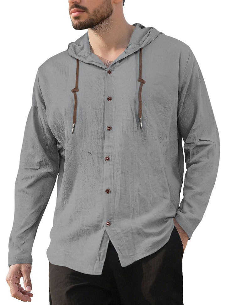 Herren nan Kapuzenhemd im Leinen-Look mit durchgehender Knopfleiste und Kordelzug Drune