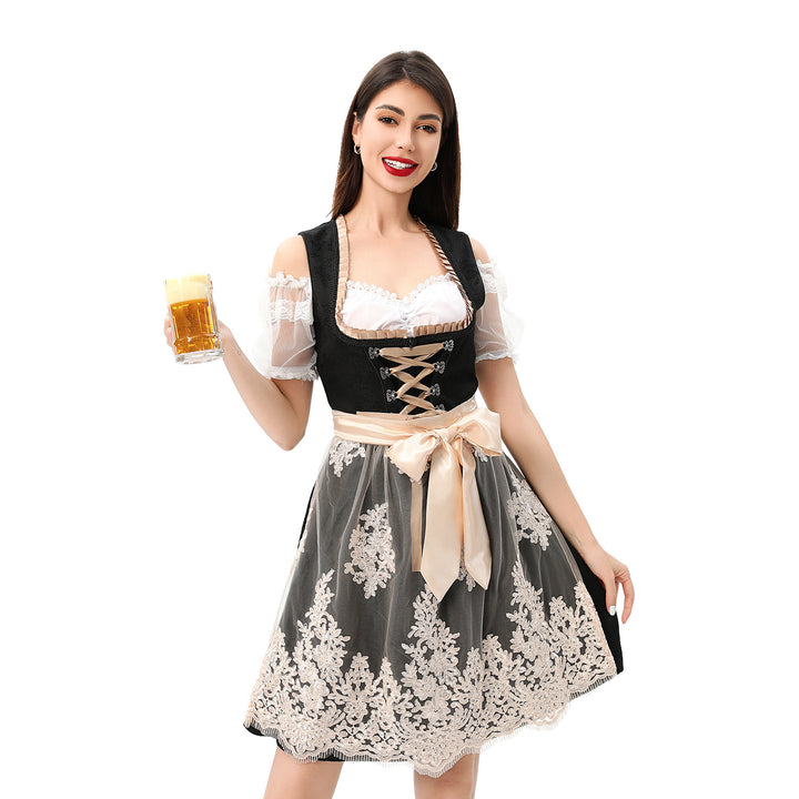 Damen nan traditionelles Dirndlkleid mit Spitzenüberrock Corsage Schnürung und Satinband Drune