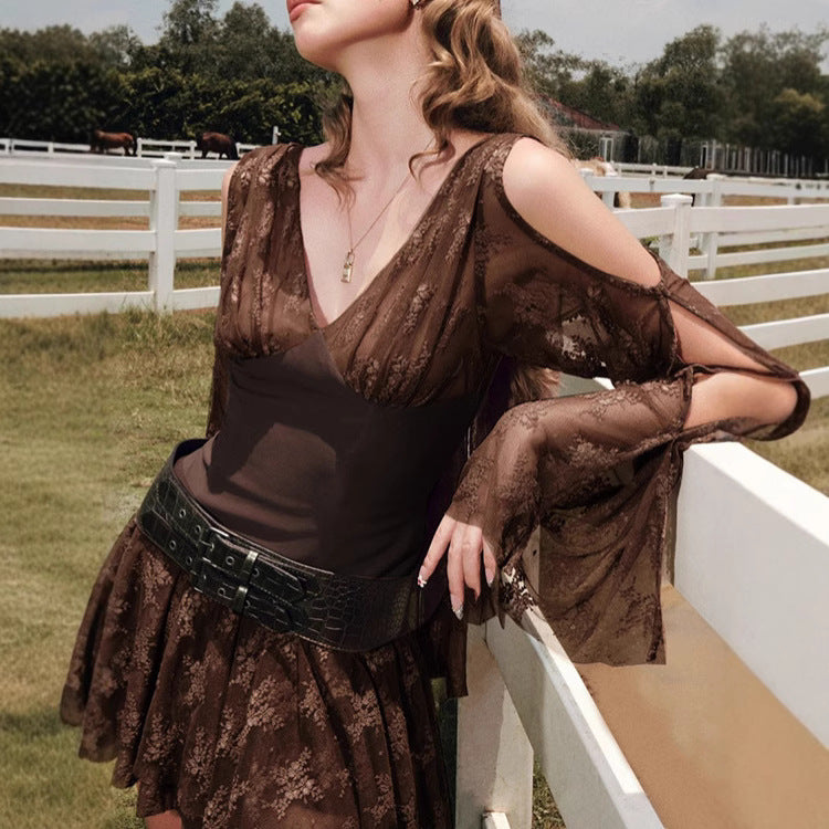 Damen elegantes Wickelkleid mit transparenten Spitzenärmel Drune