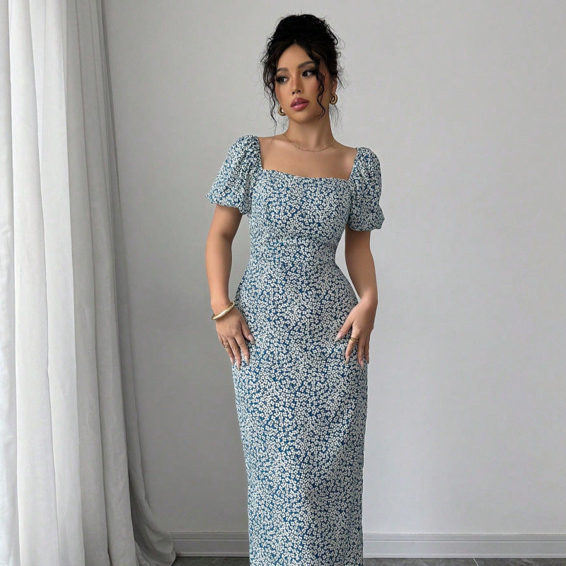 Damen Midikleid mit schulterfreien Puffärmeln und floralem Muster Drune