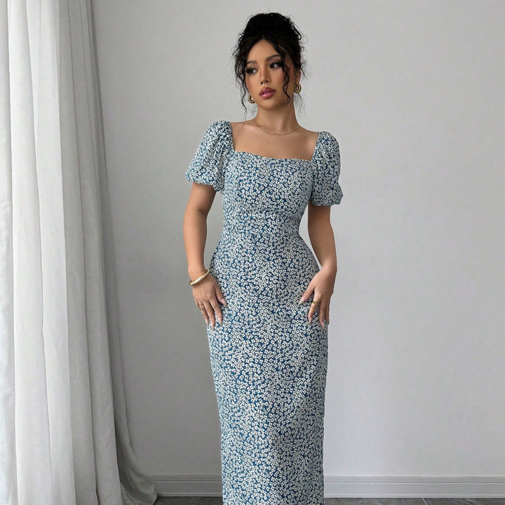 Damen Midikleid mit schulterfreien Puffärmeln und floralem Muster Drune