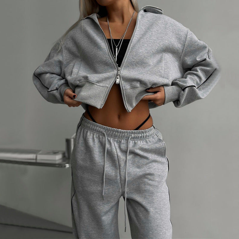 Damen nan kurzes Reißverschluss-Hoodie und hohe Taillen-Jogginghose Set mit dekorativer Seitenpaspel Drune