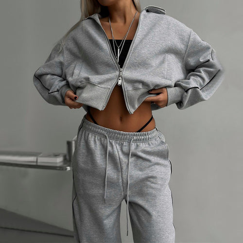 Damen nan kurzes Reißverschluss-Hoodie und hohe Taillen-Jogginghose Set mit dekorativer Seitenpaspel Drune
