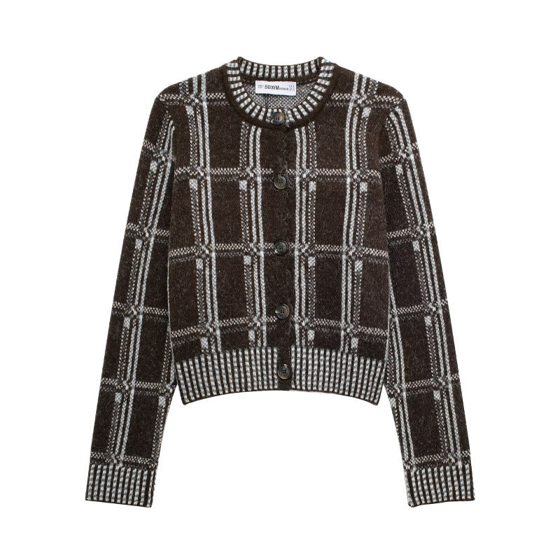 Damen Strickjacke mit modernem Karomuster und Knopfverschluss Drune