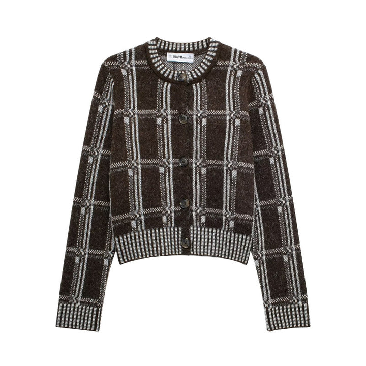 Damen Strickjacke mit modernem Karomuster und Knopfverschluss Drune