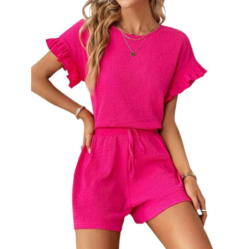 Damen lässiger Shortsanzug mit Rüschendetails und elastischem Taillenzug Drune