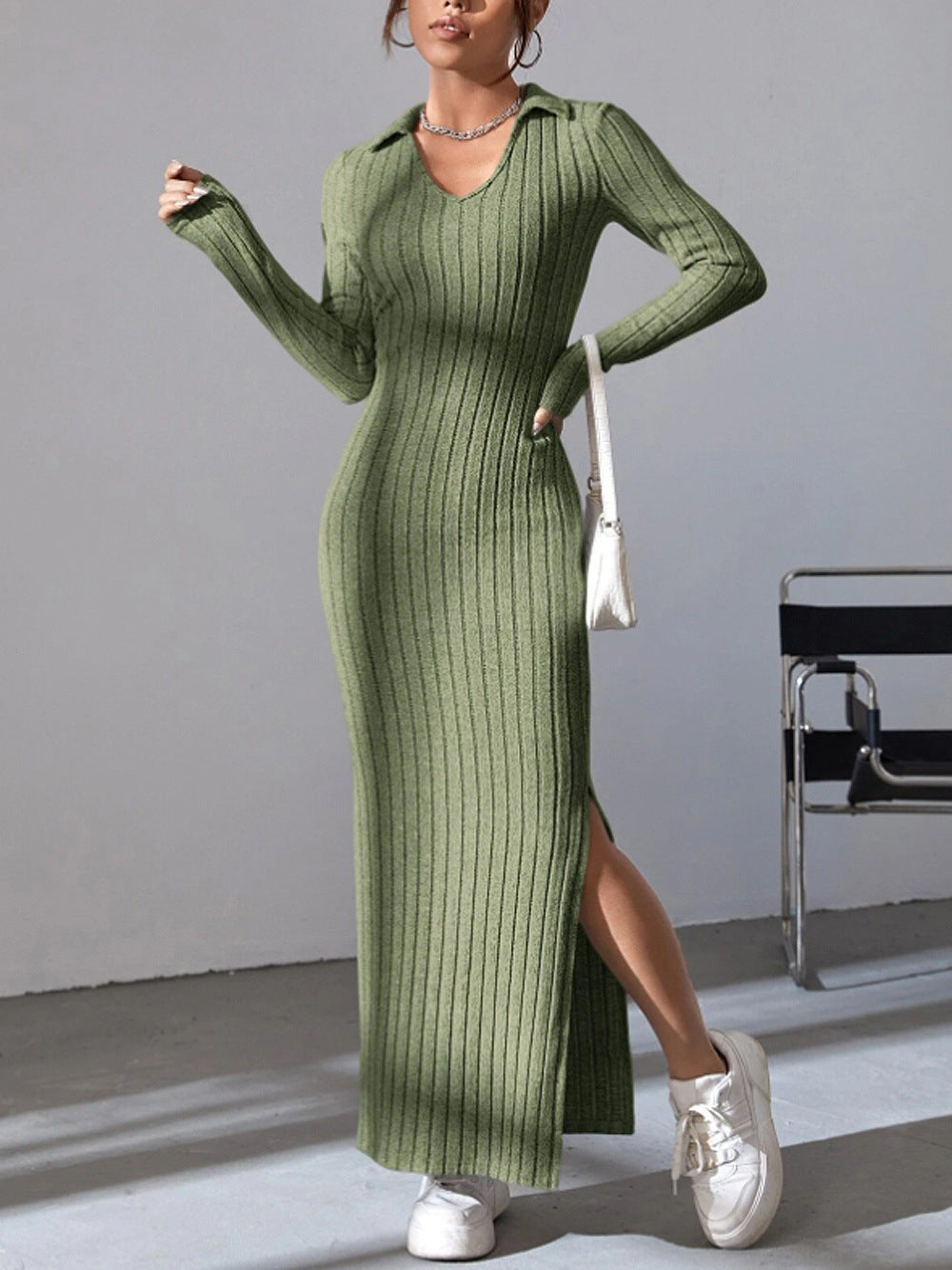 Damen Langärmliges Rippkleid mit Slit und Kragen Drune