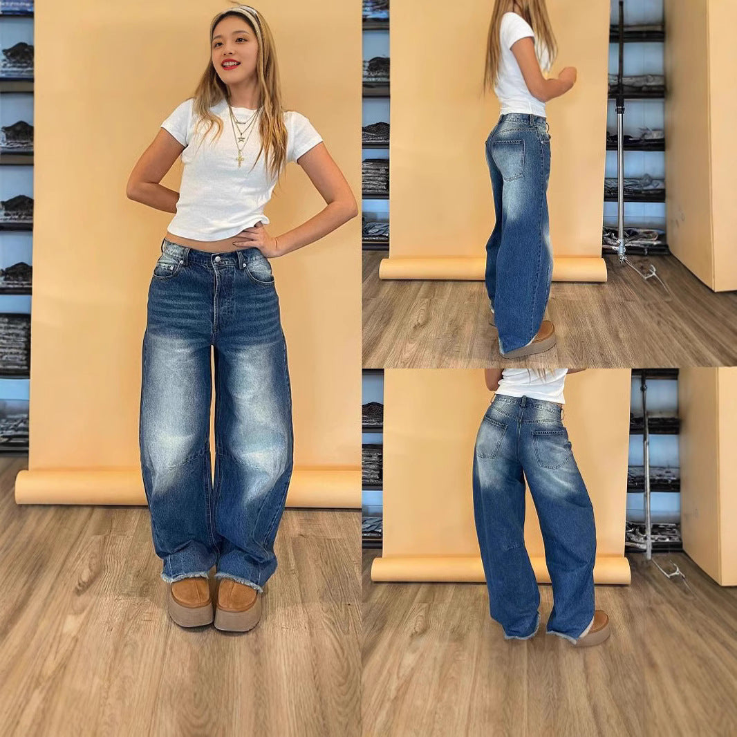 Damen modische weite Jeans mit einzigartigem Schnitt und hohem Bund Drune