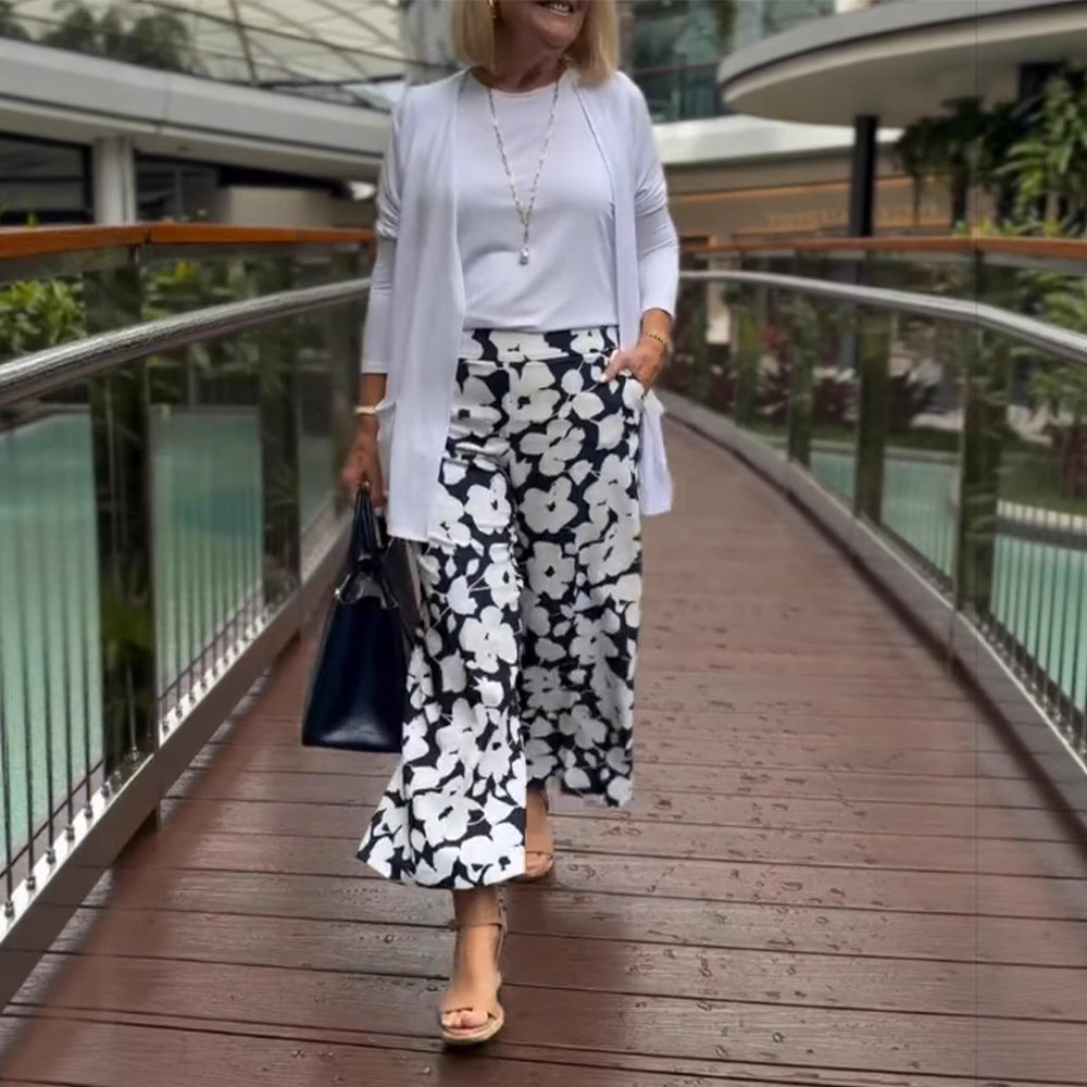 Damen weite Sommerhose mit floralem Design und elastischem Bund Drune