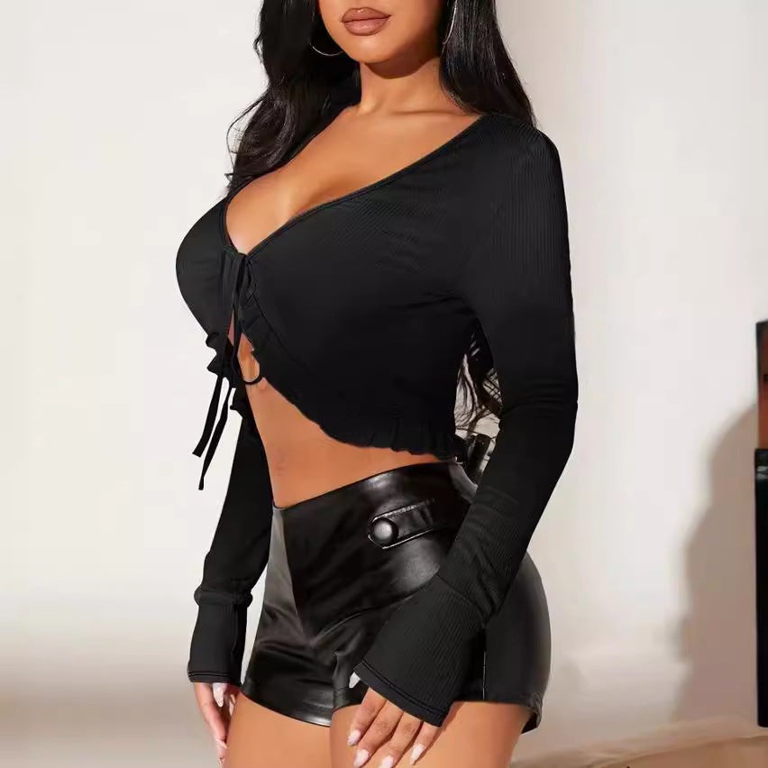 Damen kurzärmeliges Crop-Top mit verspieltem Kordelzug und Rüschendetails Drune