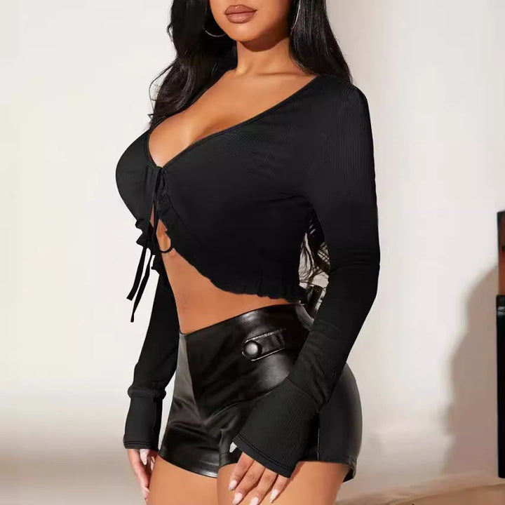 Damen kurzärmeliges Crop-Top mit verspieltem Kordelzug und Rüschendetails Drune