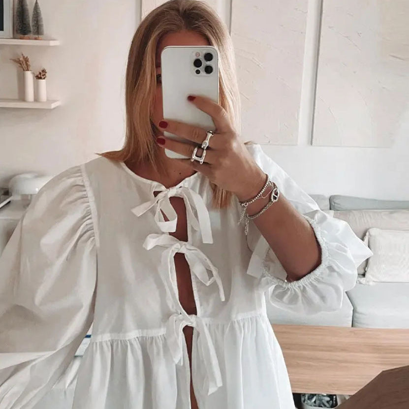 Damen luftige Karobluse mit kreativem Cut-Out Drune