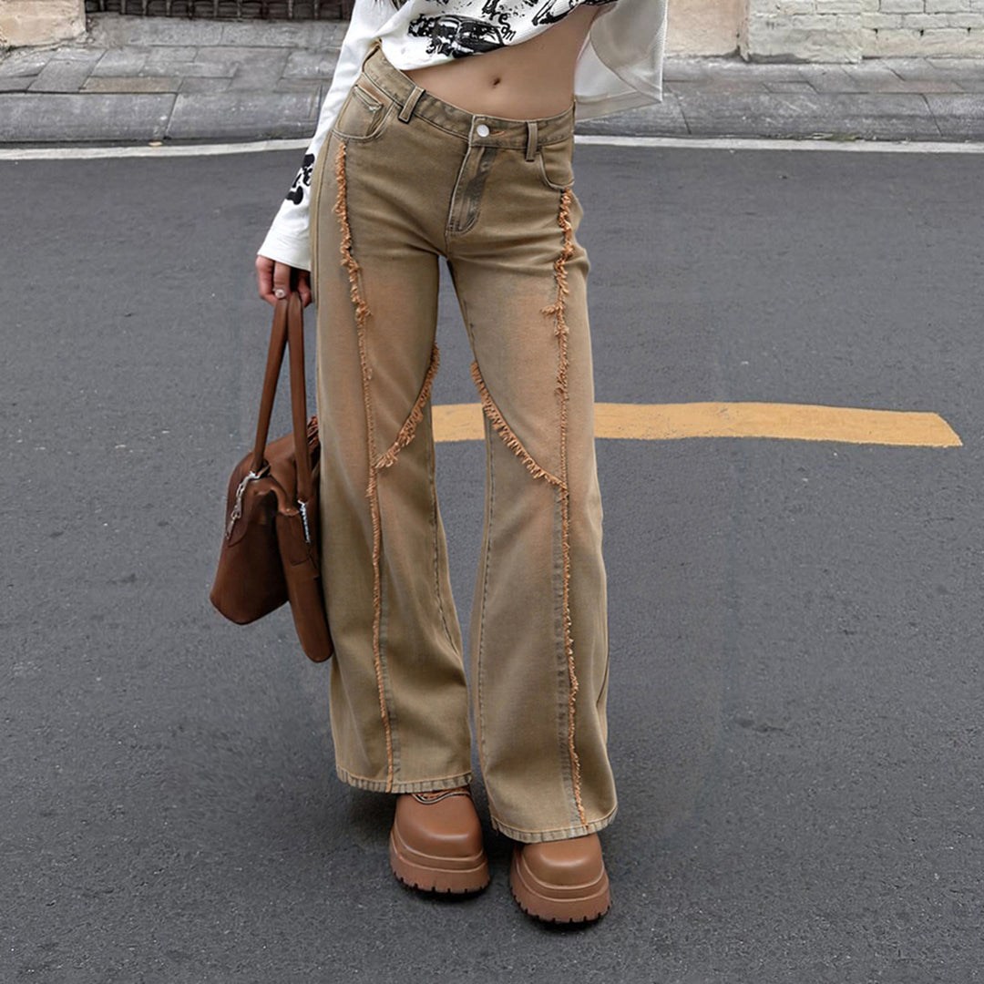 Damen lässige Wide-Leg-Jeans mit franselementen und hohem Bund Drune